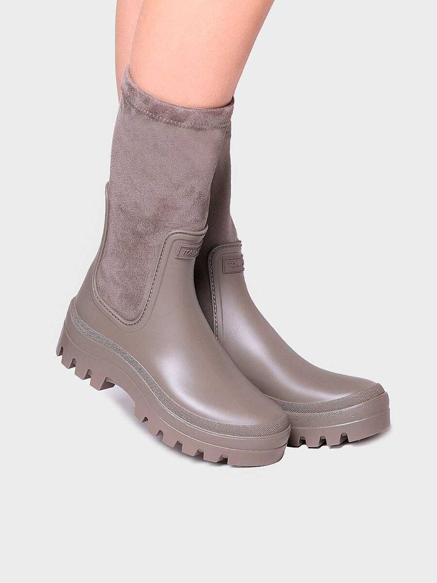 Mujer Toni Pons | Bota De Agua Para Mujer En Goma Y Licra Con Efecto Ante En Taupe - Cesena