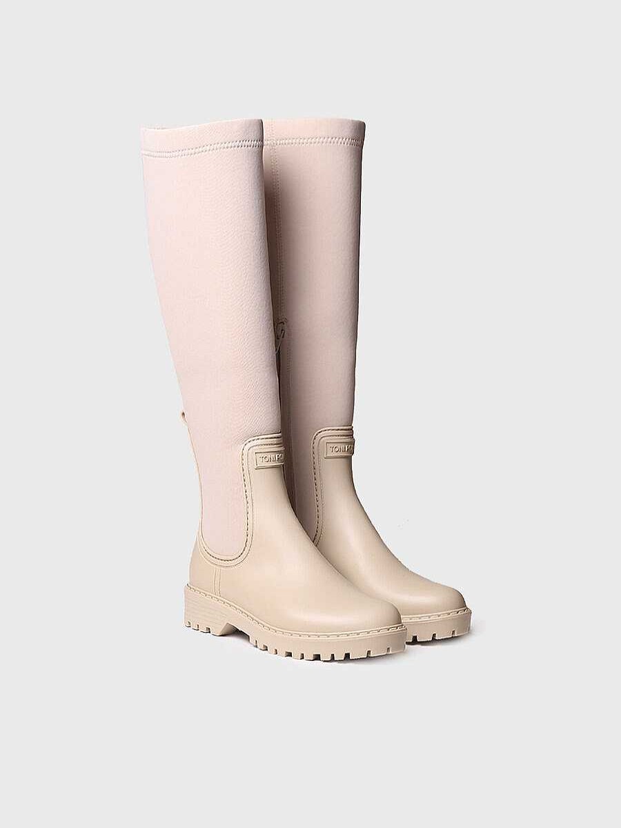 Mujer Toni Pons | Bota Alta De Agua Para Mujer En Goma Y Licra En Beige - Cardiff